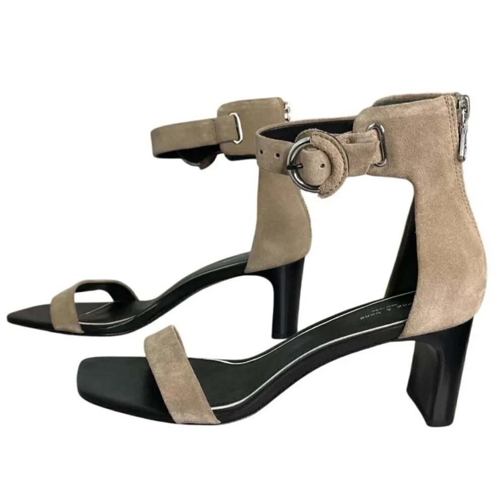 Rag & Bone Ellis Beige Suede Block Heel Ankle Strap Sandals Square Toe 8 NWT